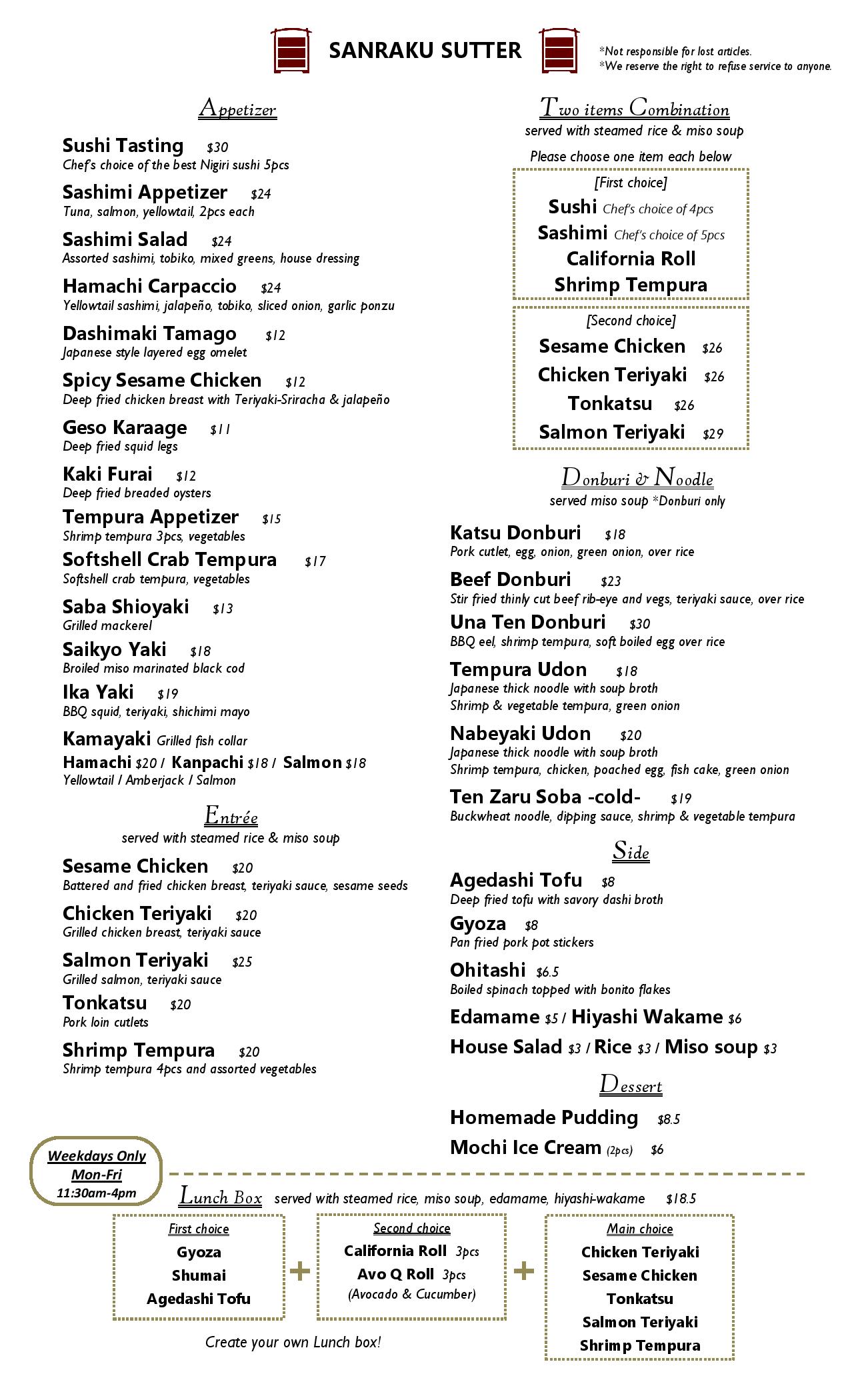 Japanese restaurant sushi menu with prices displayed