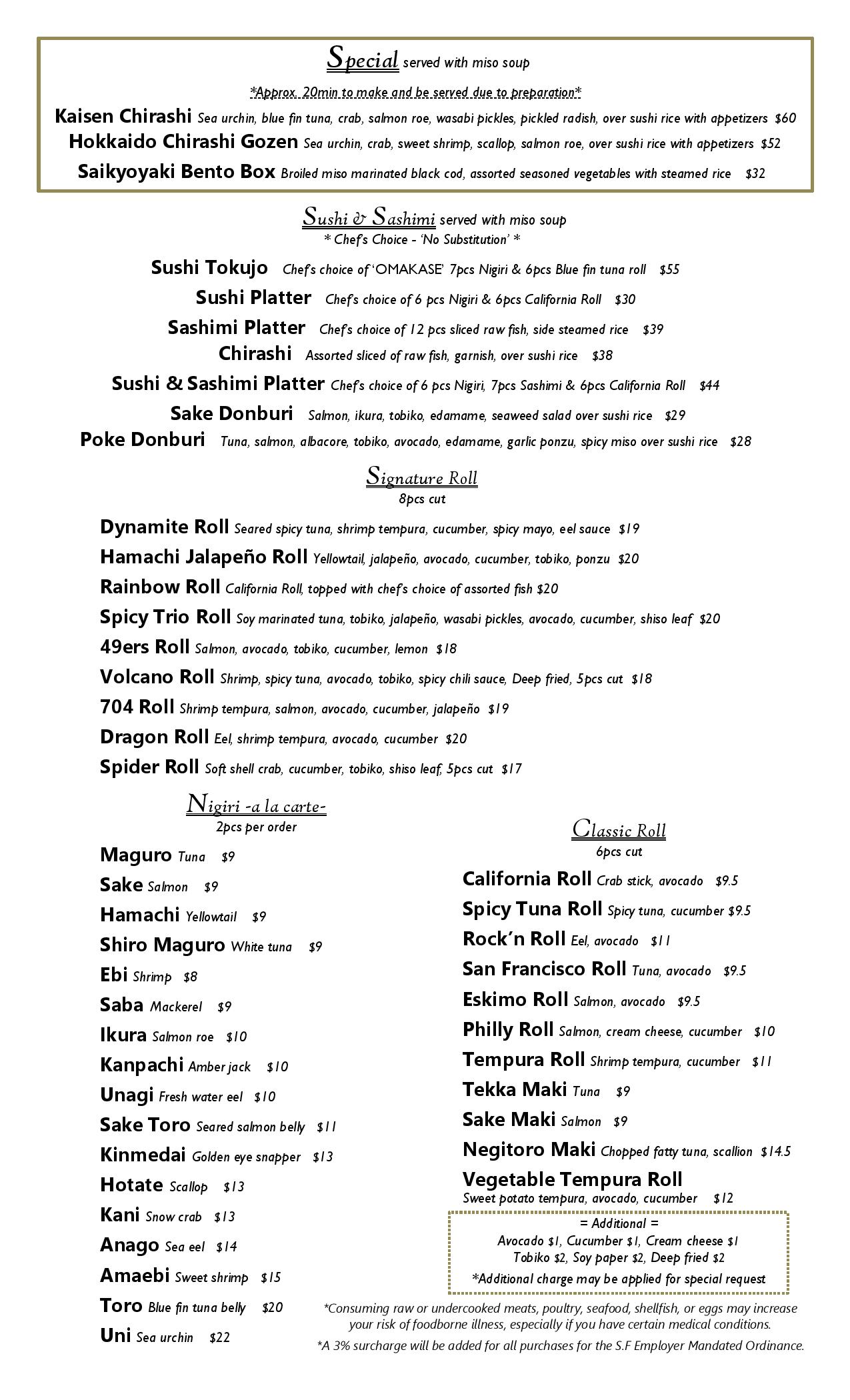 Menu with various sushi and sashimi dish options.